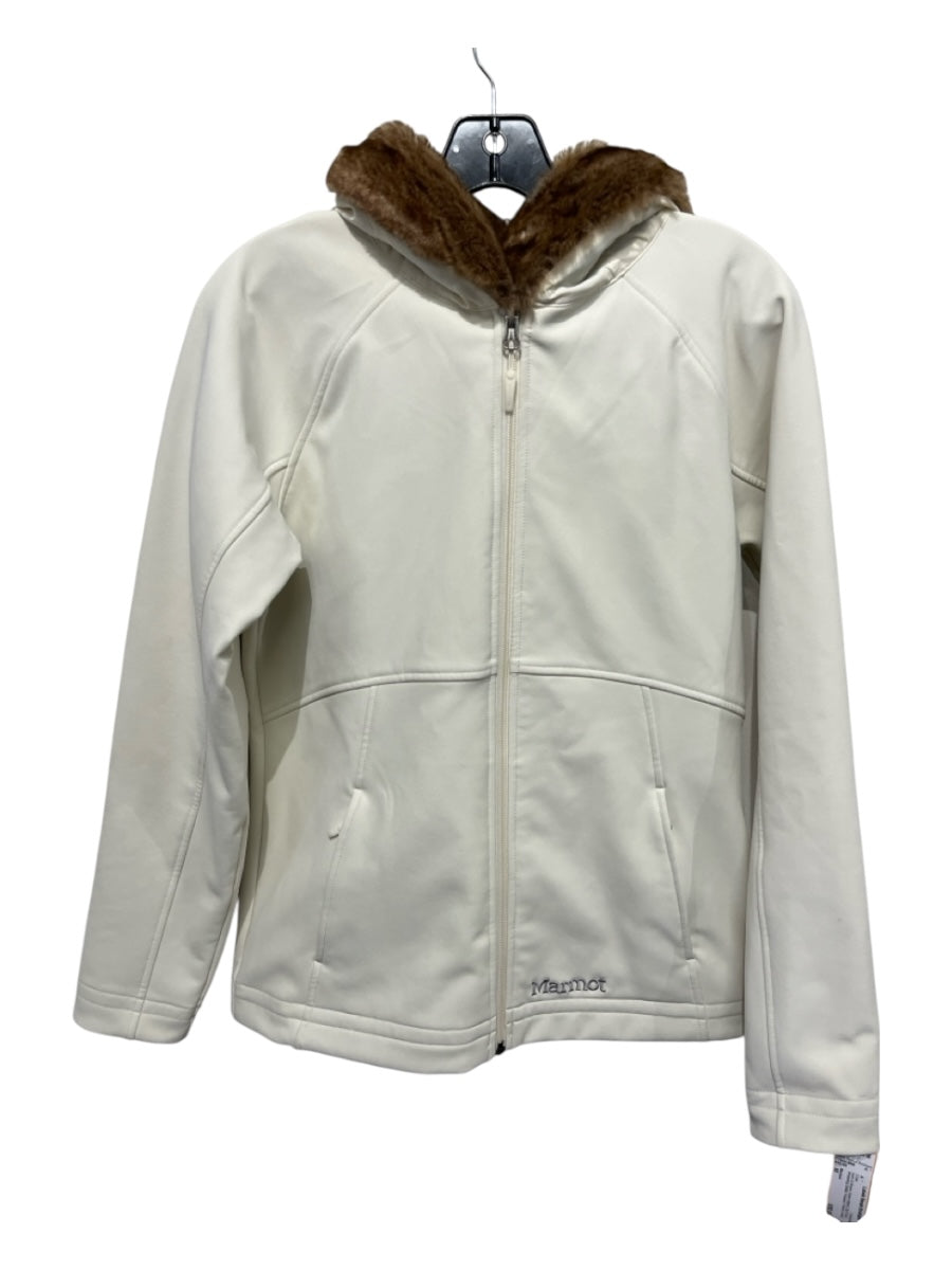 Marmot Size M Ivory & Brown Nylon Blend Zip Front Shearling Detail Hooded Coat