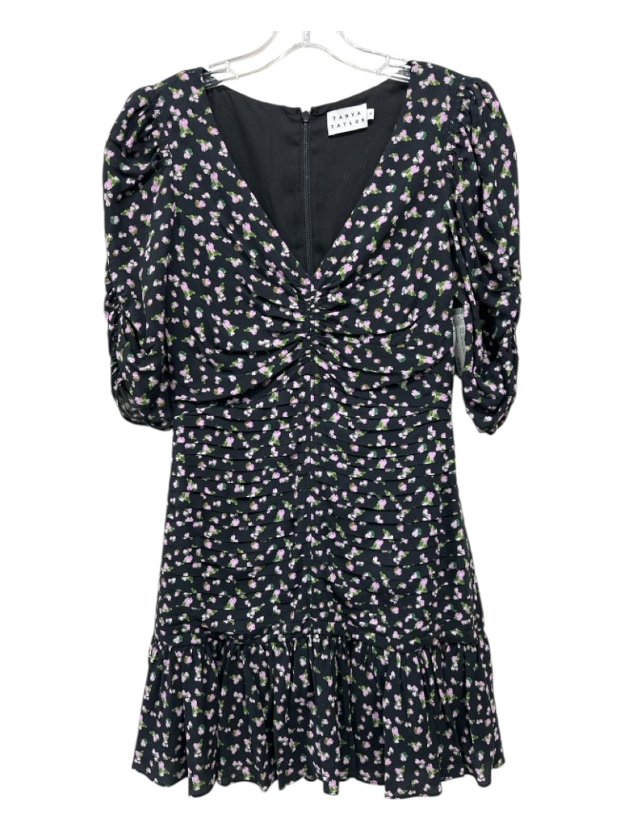 Tanya Taylor Size 2 Black, Purple, Green Viscose Pleated Floral Drop Waist Dress