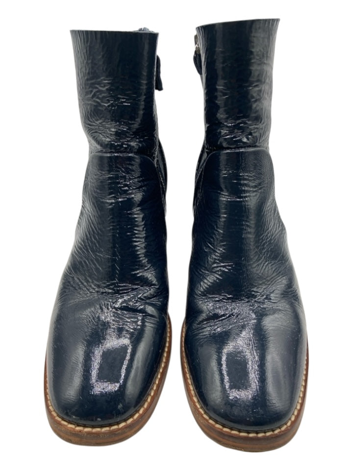 Miista Shoe Size 39 Navy Patent Leather Square Toe Zip Side Block Heel Booties