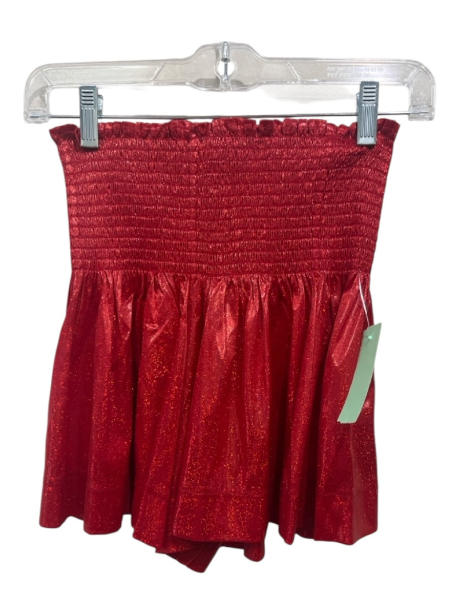 Queen of Sparkles Size XS Red Polyester Shimmer Smocked Waist Flare Shorts