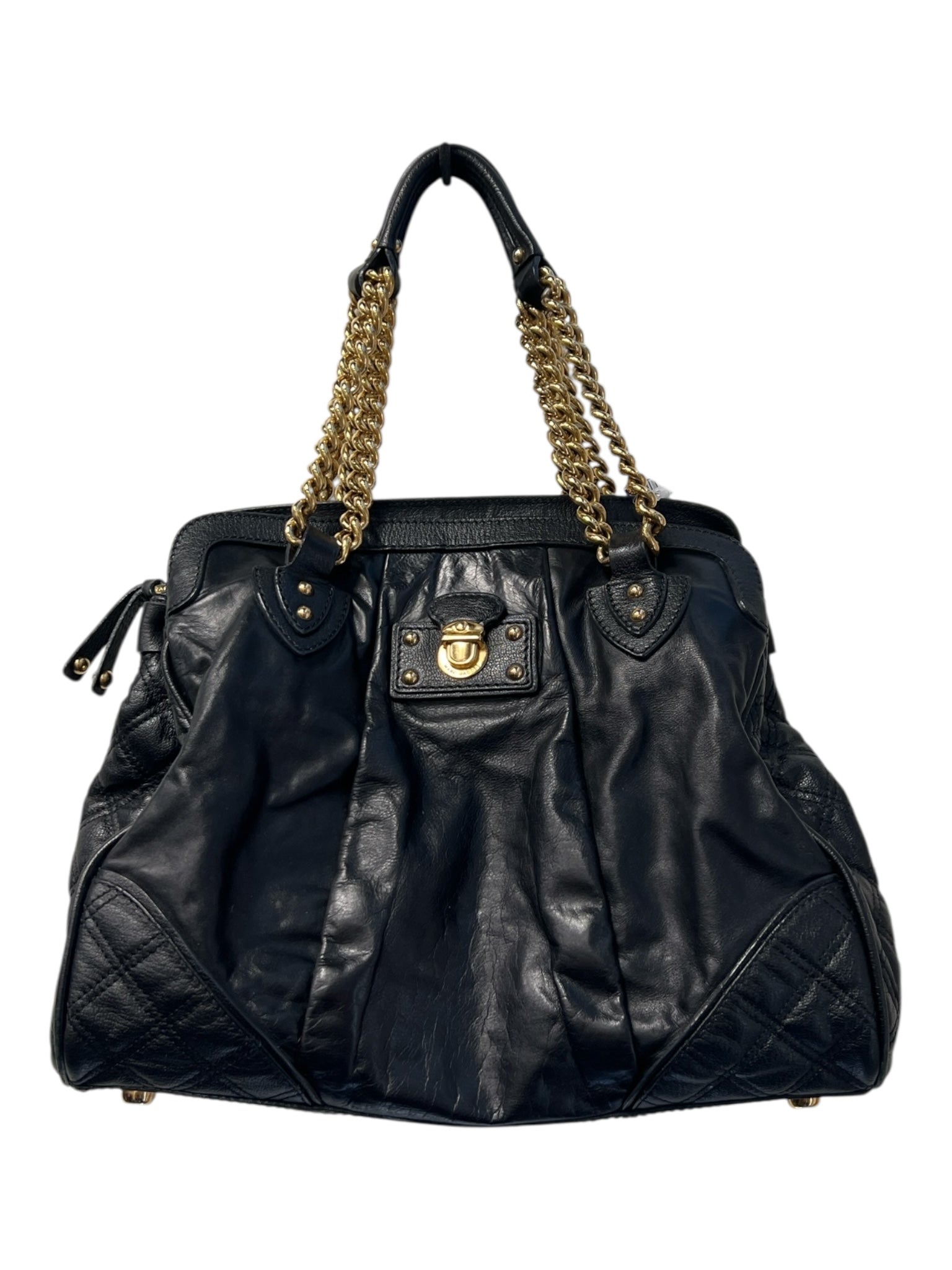 Marc Jacobs Black Leather Gold hardware Double Chain Quilted Zip Pocket Bag