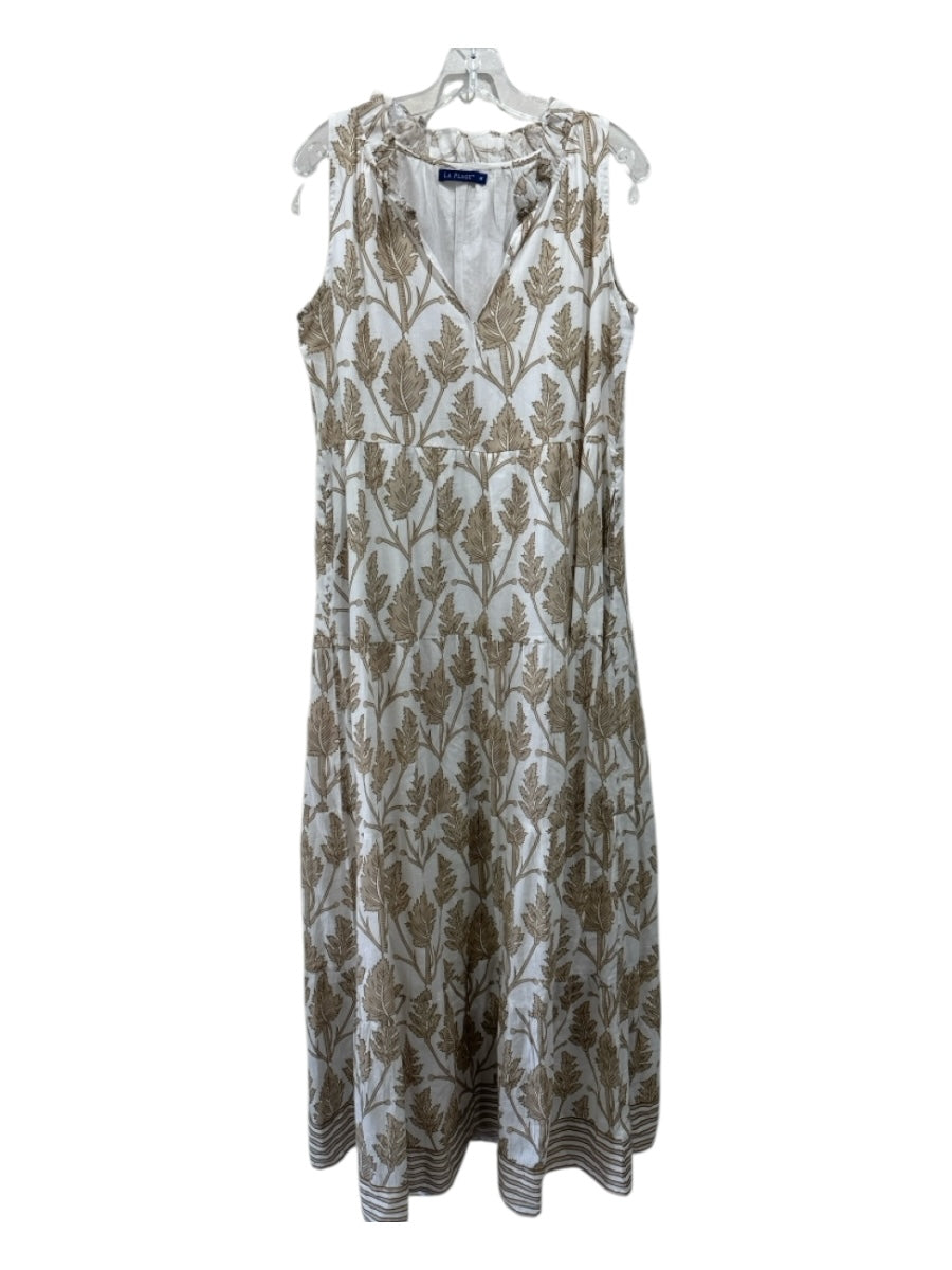 La Plage Size M white & tan Cotton Leaves V Neck Maxi Dress