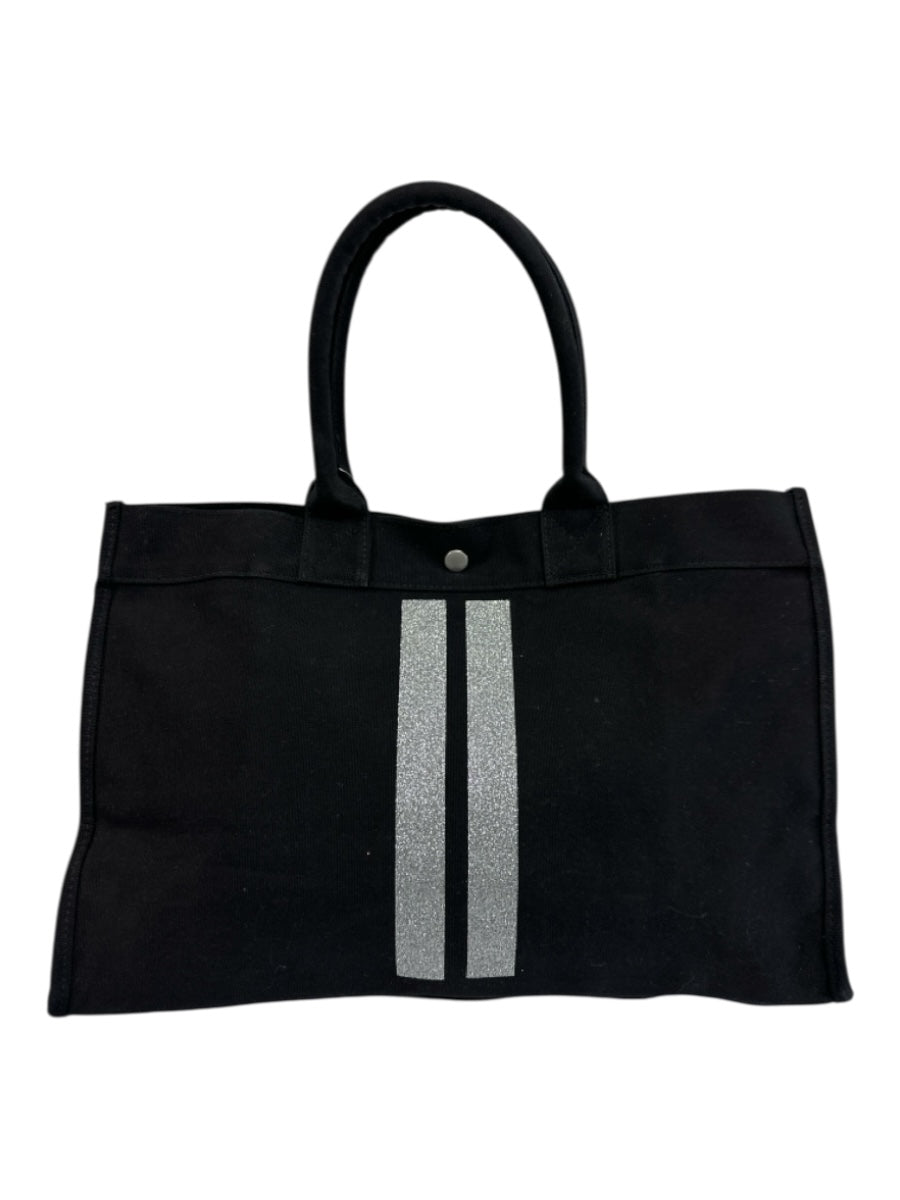 Koala Kanvas Black & Silver Canvas Glitter Striped Snap Closure Tote Bag