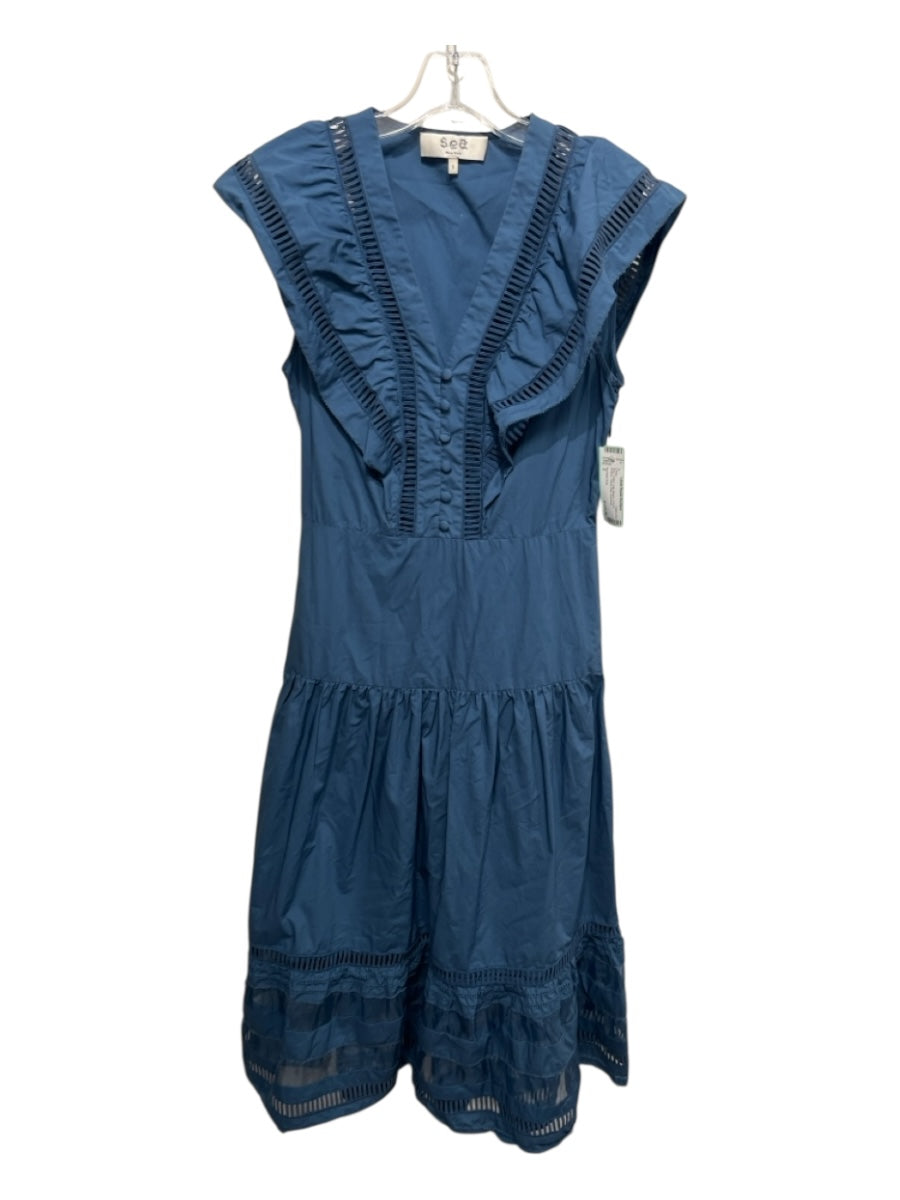 Sea New York Size 2 Blue Cotton Cap Sleeve V Neck Buttons Tiered Dress
