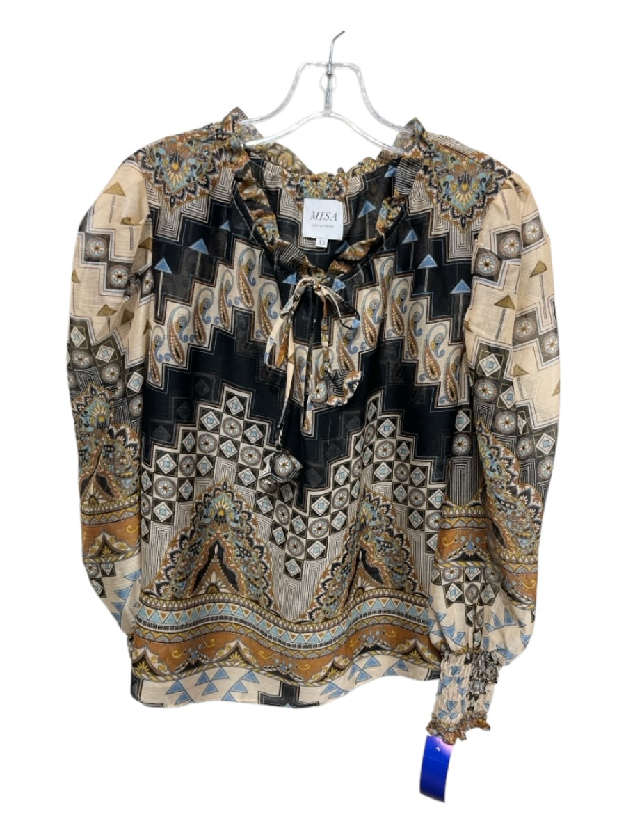 Misa Size XS Black, Brown, Blue Polyester Long Sleeve Mixed Print V Neck Top