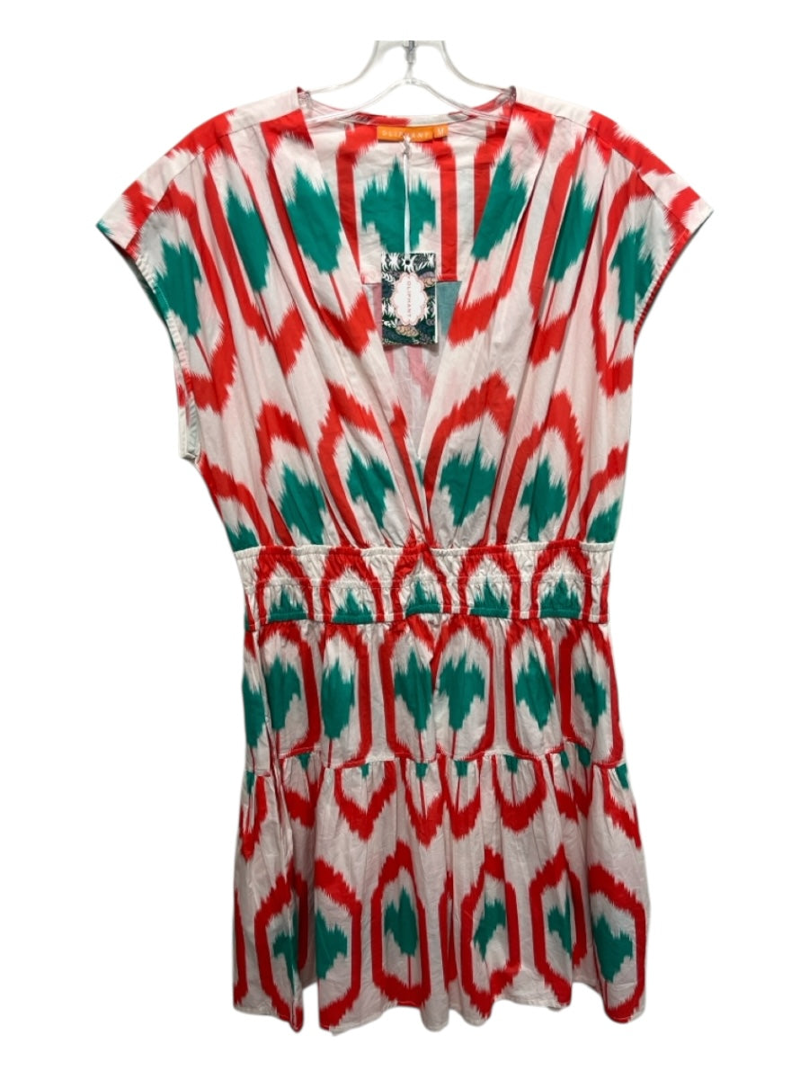 Oliphant Size Medium White, Red & Green Cotton Sleeveless Ikat V Neck Dress