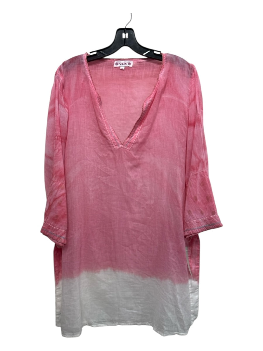 Naudic Size M Pink & White Cotton Gradient V Neck Gold Threading Swim Cover Top