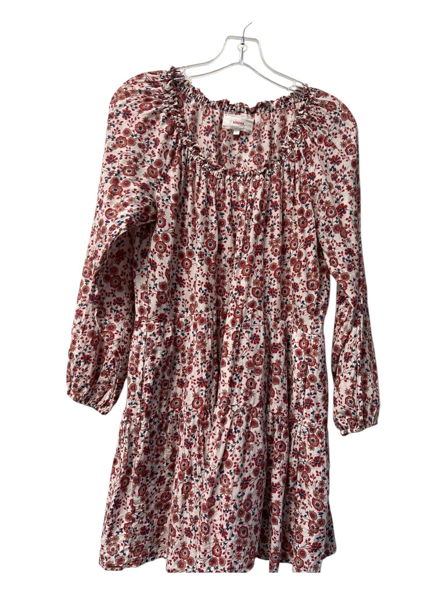 XiRENA Size XS Red, Brown & blue Cotton Floral Half Lined Off Shoulder Dress
