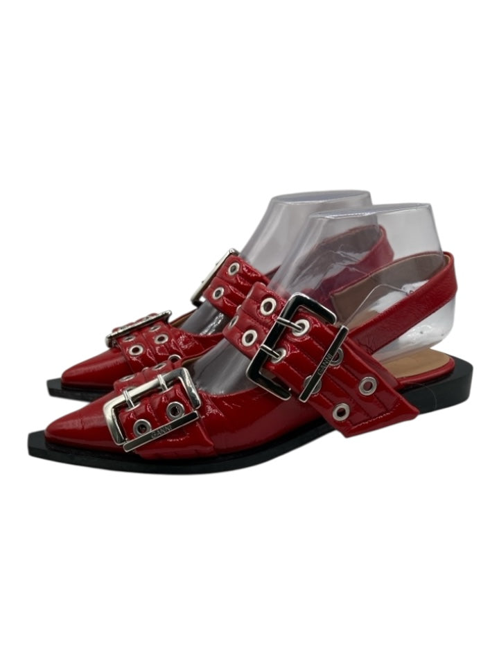 Ganni Shoe Size 37 Red & Black Patent Leather Buckle Pointed Toe Grommets Mules