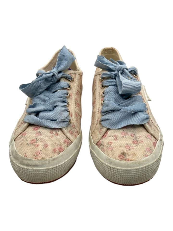Superga Shoe Size 39 Beige, Pink, Blue Canvas Low Top Floral Lace Up Sneakers