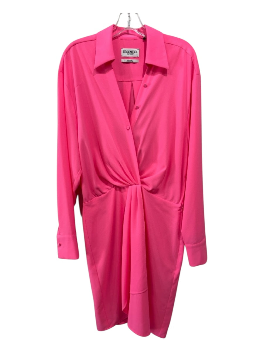 Essentiel Antwerp Size 40 Neon Pink Viscose Button Front Long Cuff Sleeve Dress