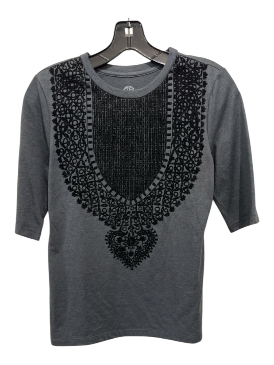 Tory Burch Size S Gray & Black Cotton Blend Velvet Accent Geometric Top