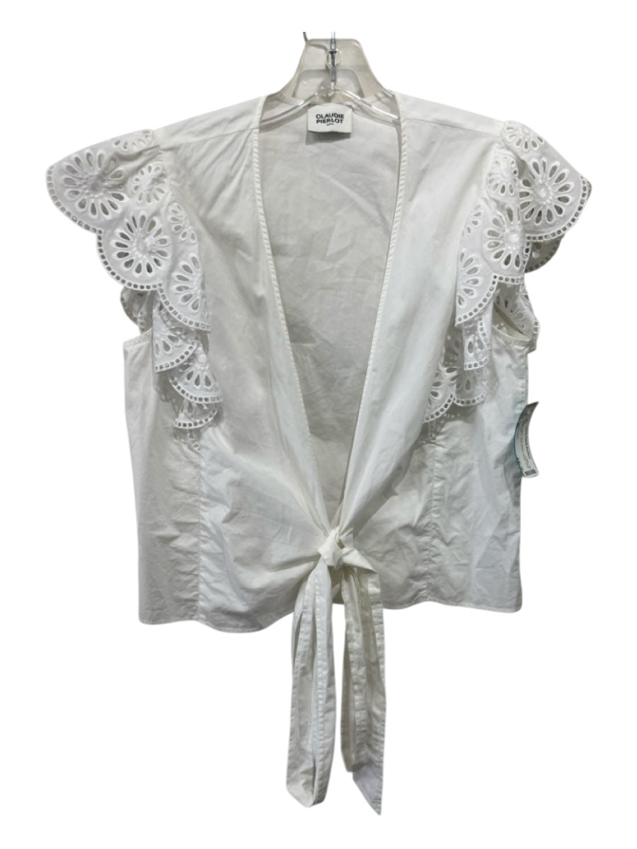Claudie Pierlot Size 40 White Cotton Short Sleeve Eyelet Wrap Top