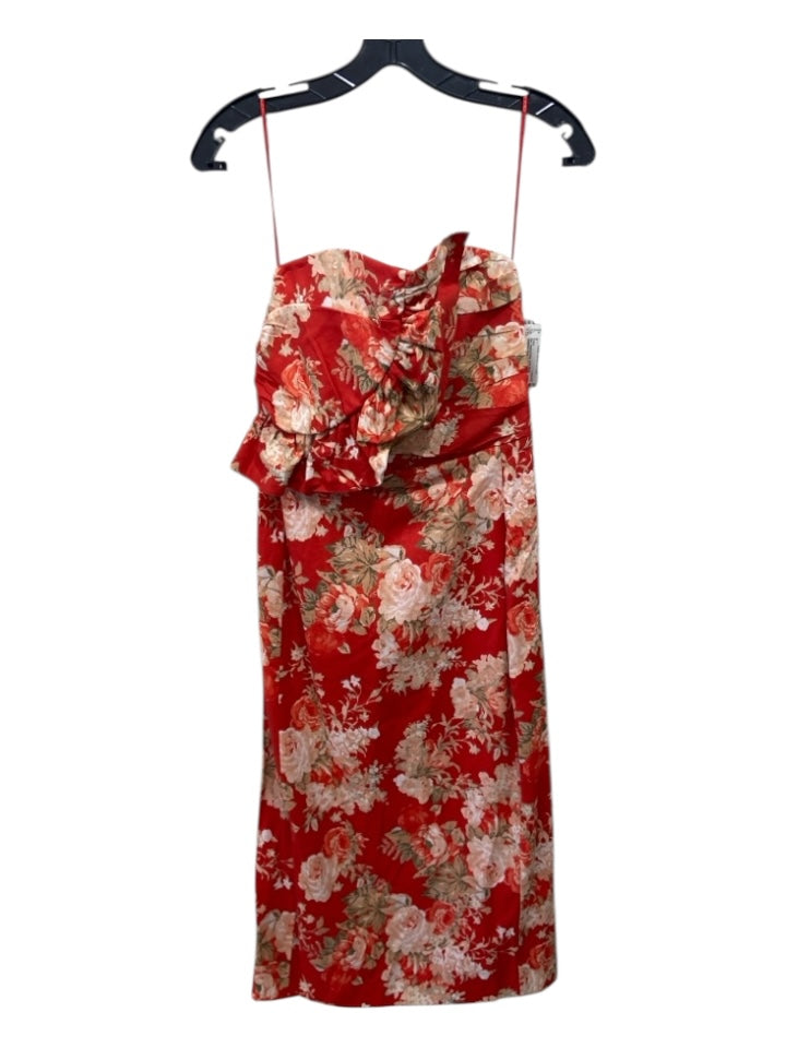 Sezane Size 36 Red, Peach & Olive Linen Blend Strapless Floral Dress