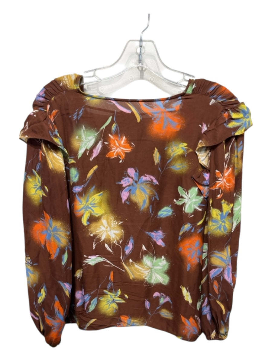 Tanya Taylor Size Small Brown, Yellow & Multi Silk V Neck Floral Ties Top