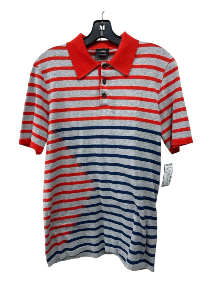 Jil Sander Size 46 Gray & Red Cotton Blend Striped Polo Men's Short Sleeve