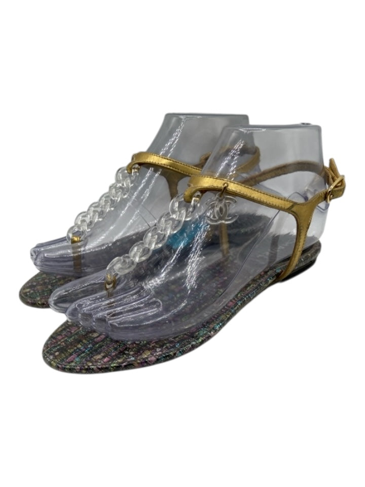 Chanel Shoe Size 36 Gold, Black, Multi Leather Upper Jelly tweed Thong Sandals