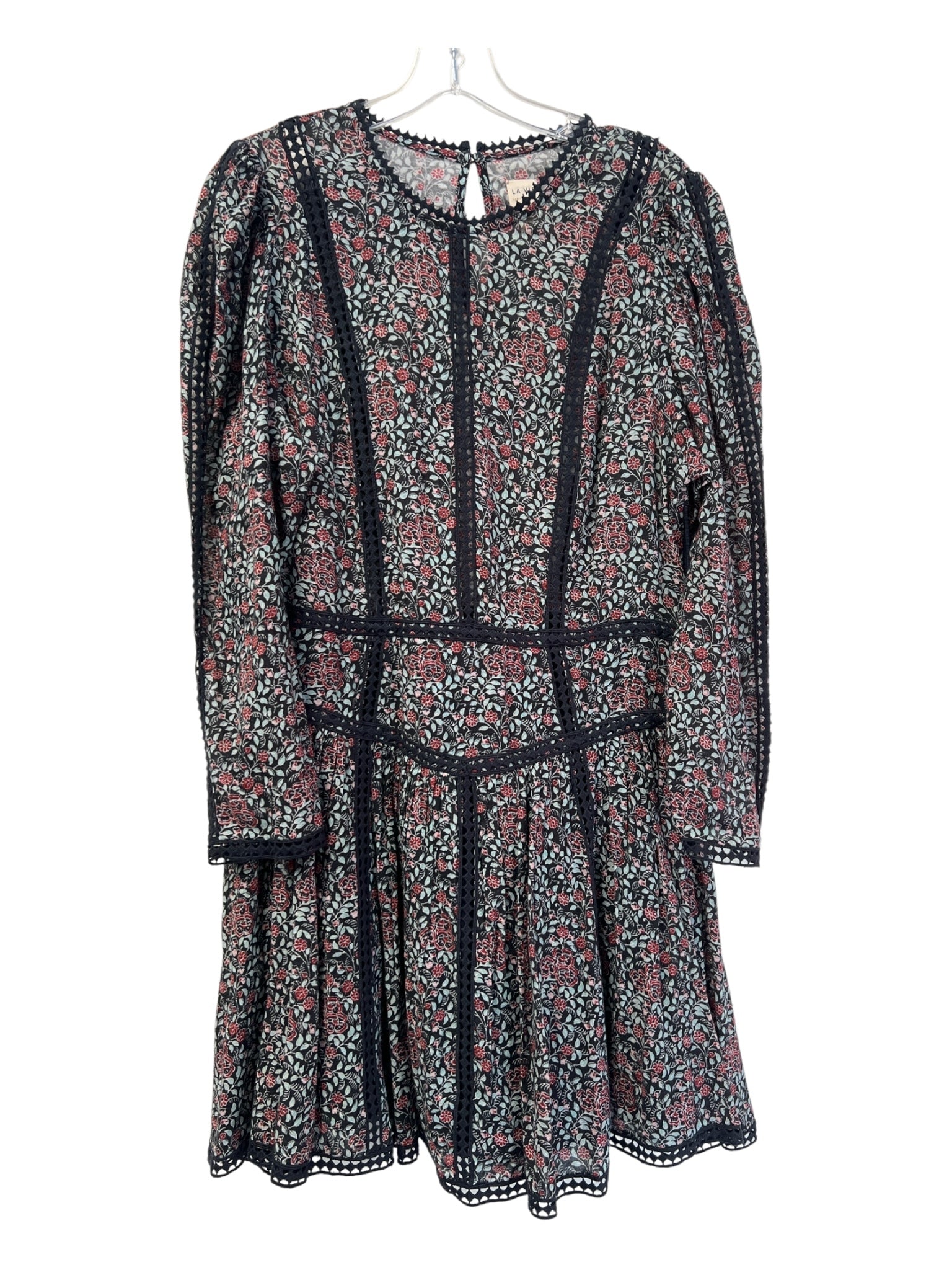 La Vie Size Large Black, Teal & Red Cotton floral print Round Neck Dress