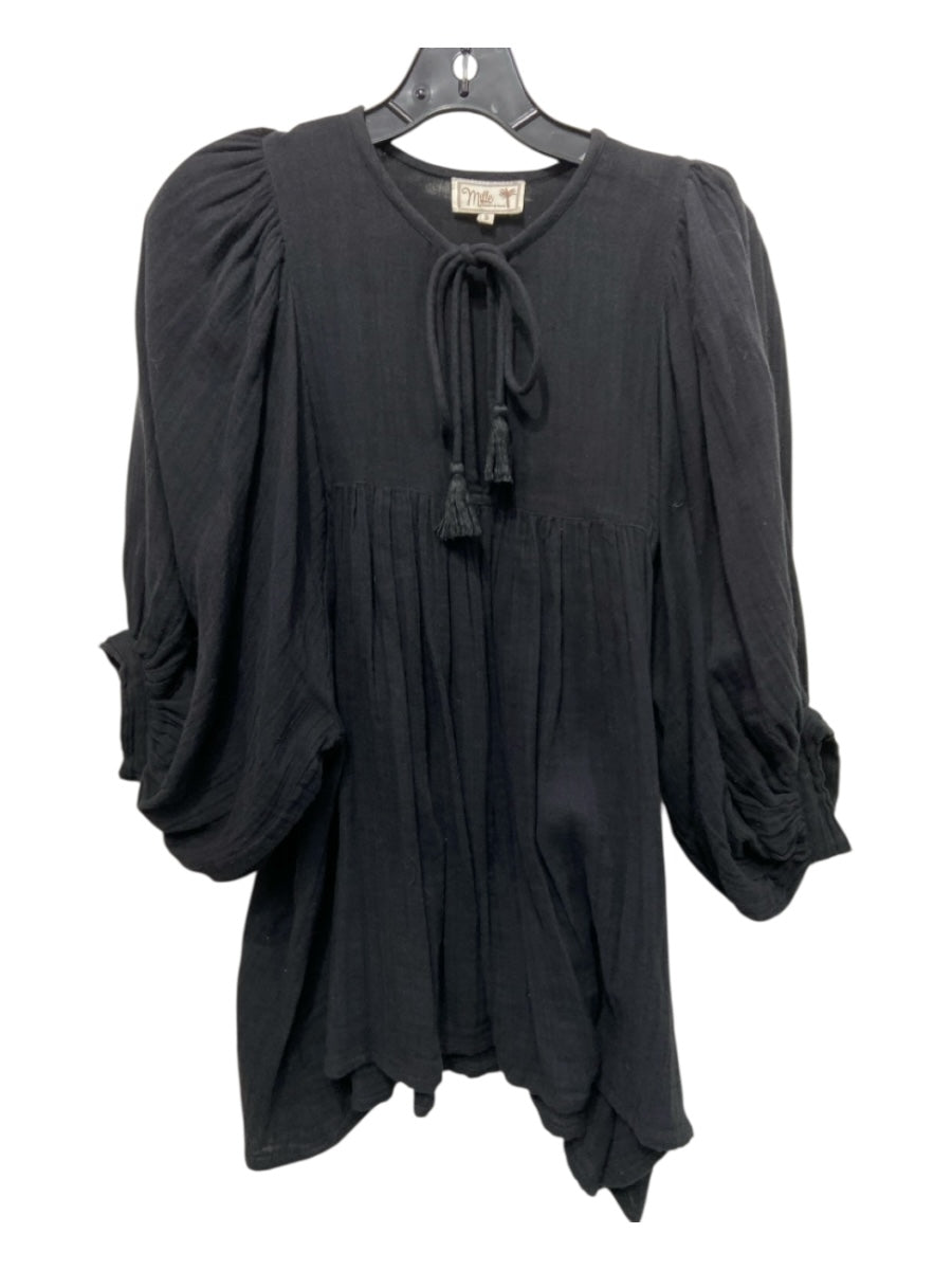 Mille Resort & Travel Size S Black Cotton Short Puff Sleeve Gauze Gathered Top