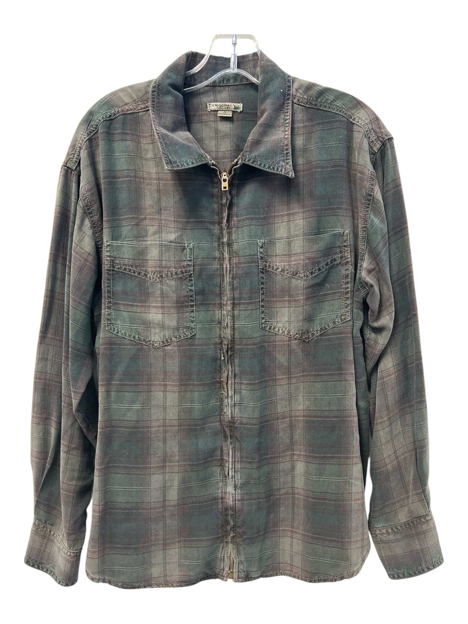 Democracy Size S Forest Green Tencel Collared Zip Front Long Sleeve plaid Top