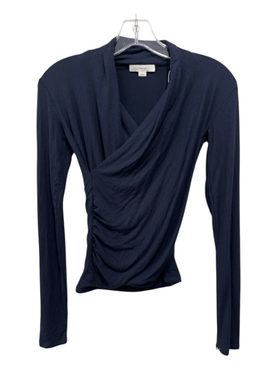 Vince Size XS Navy Blue Rayon Blend Long Sleeve Surplice Top