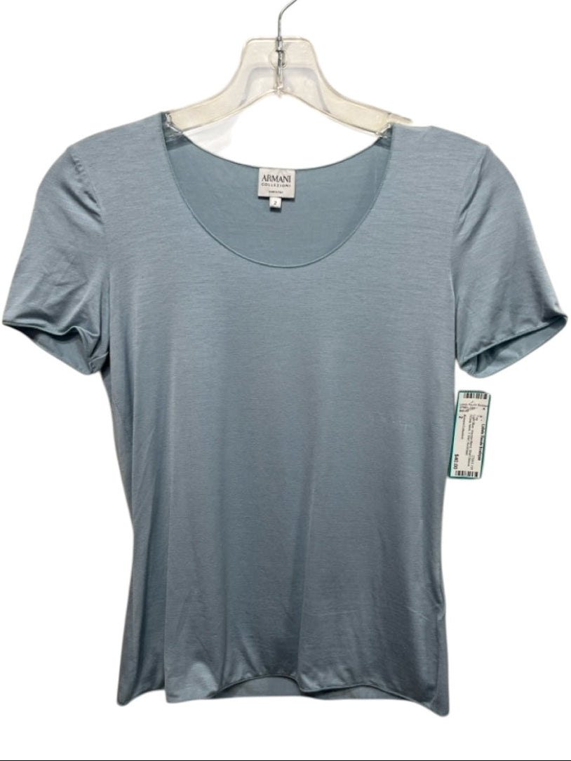 Armani Collezioni Size 2 Light Blue Viscose Blend Short Sleeve Scoop Neck Top