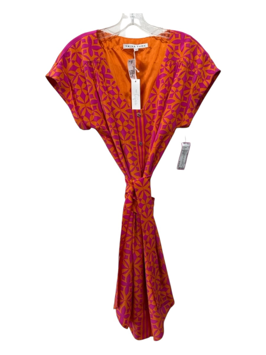 Trina Turk Size 2 Orange & Pink Silk Abstract Scoop Neck Button Dress