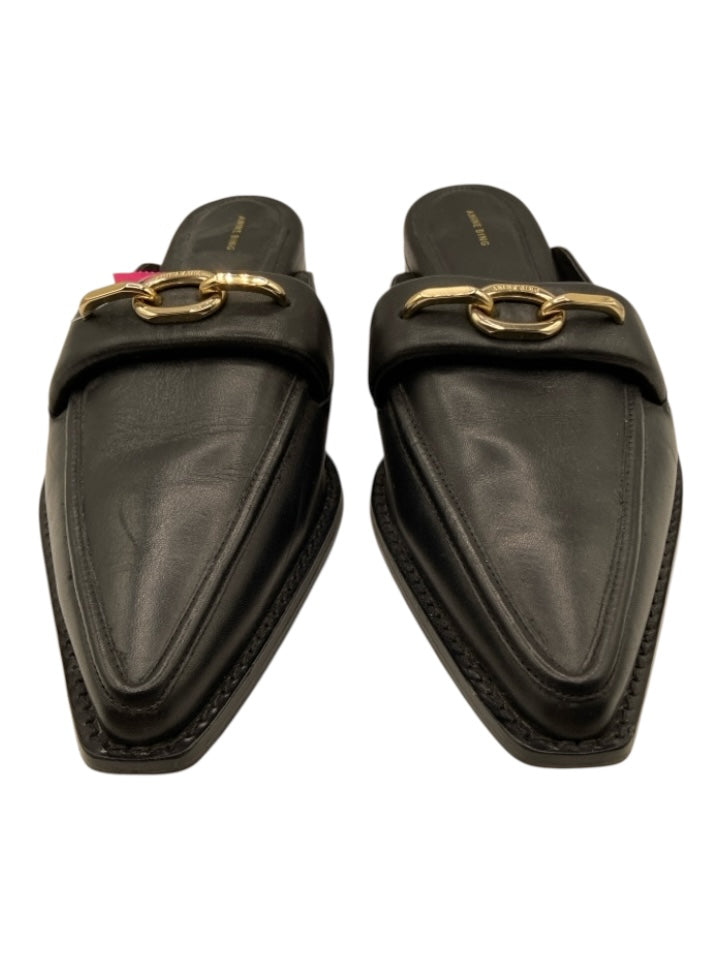 Anine Bing Shoe Size 39 Black & Gold Leather Pointed Toe Mule Slip On Loafers
