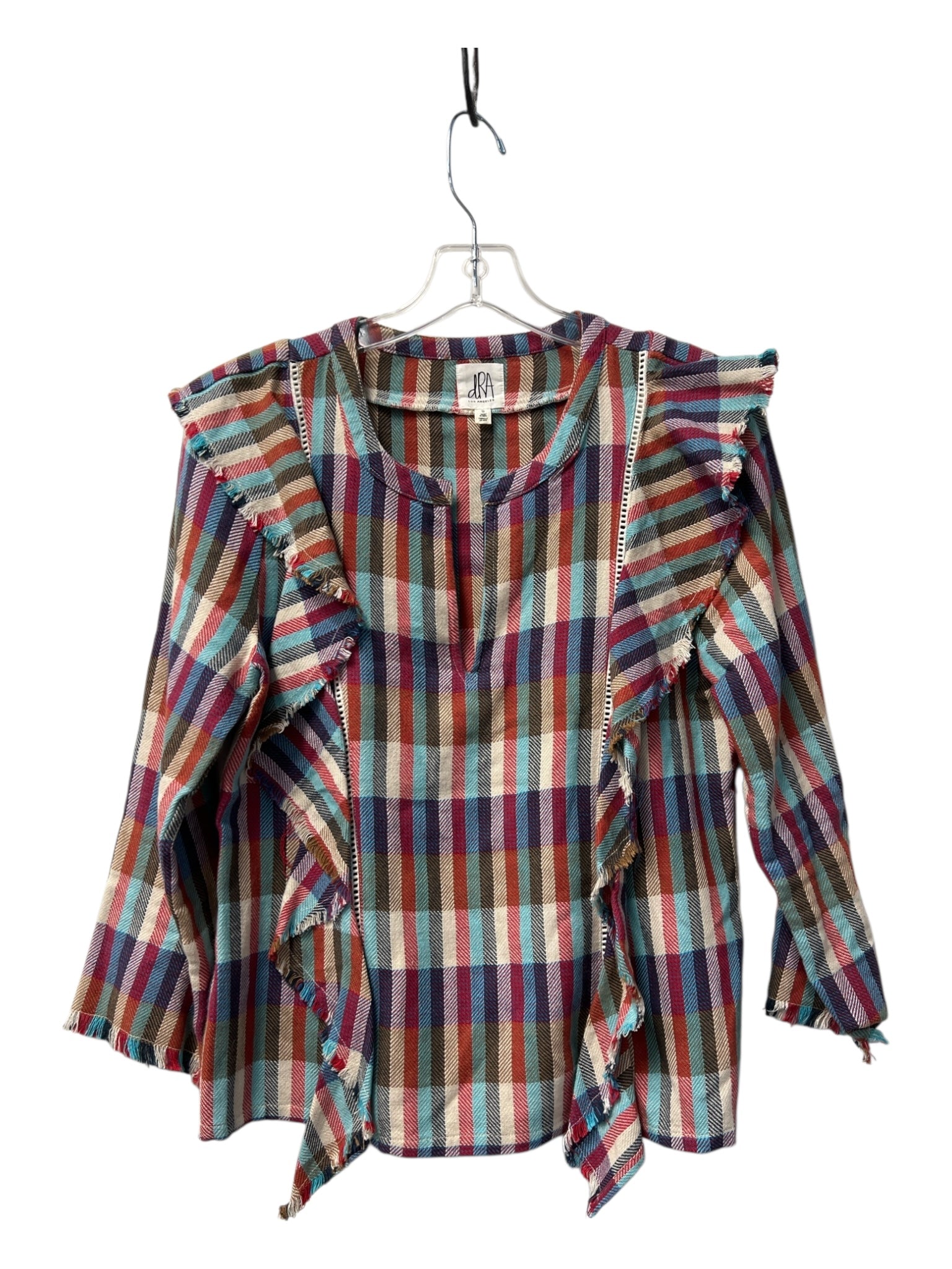 DRA Size S Multi Cotton Split Round Neck Long Sleeve Fray Detail plaid Top