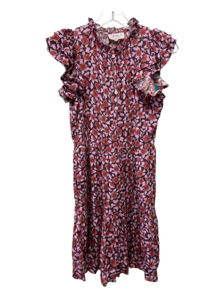 Omika Size XS Pink, Blue, Burgundy Modal Ruffle Cap Sleeve Floral Tiered Dress