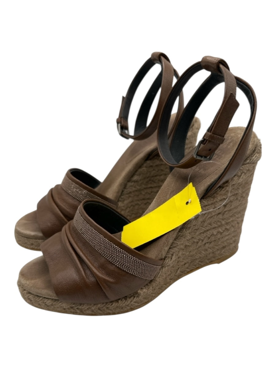 Brunello Cucinelli Shoe Size 39 Brown Leather Upper Raffia Monili Wedges