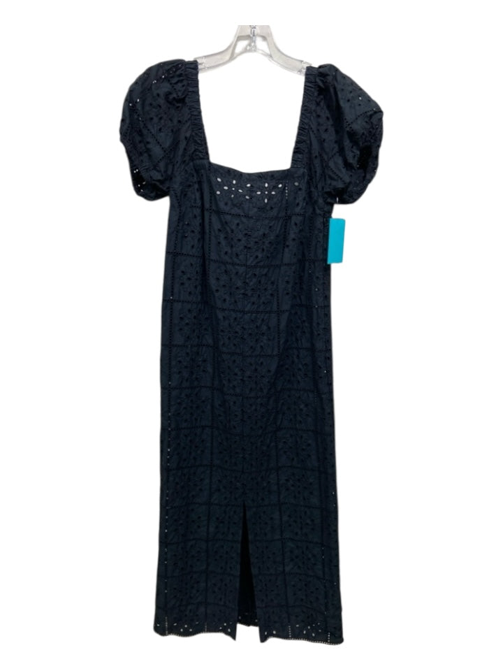 Ganni Size 34 Black Cotton Eyelets Zip Close Square Neck Short Puff Sleeve Dress