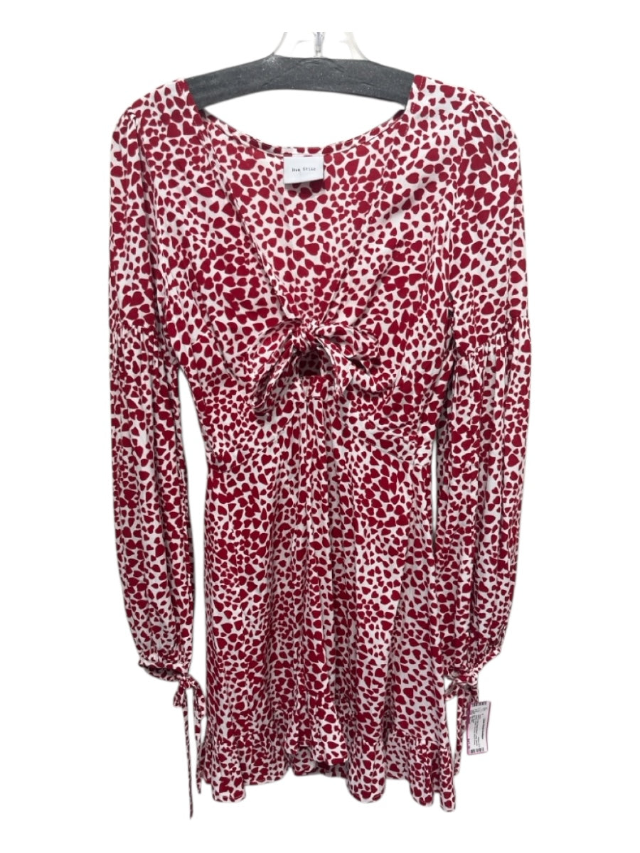 Rue Stiic Size Small White & Red Rayon Blend Long Sleeve Hearts V Neck Dress