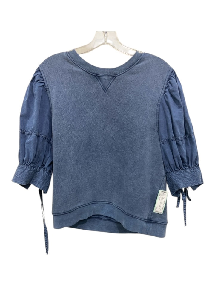 Ulla Johnson Size XL Blue Cotton Crewneck Sweatshirt Gathered Tie Sleeves Top