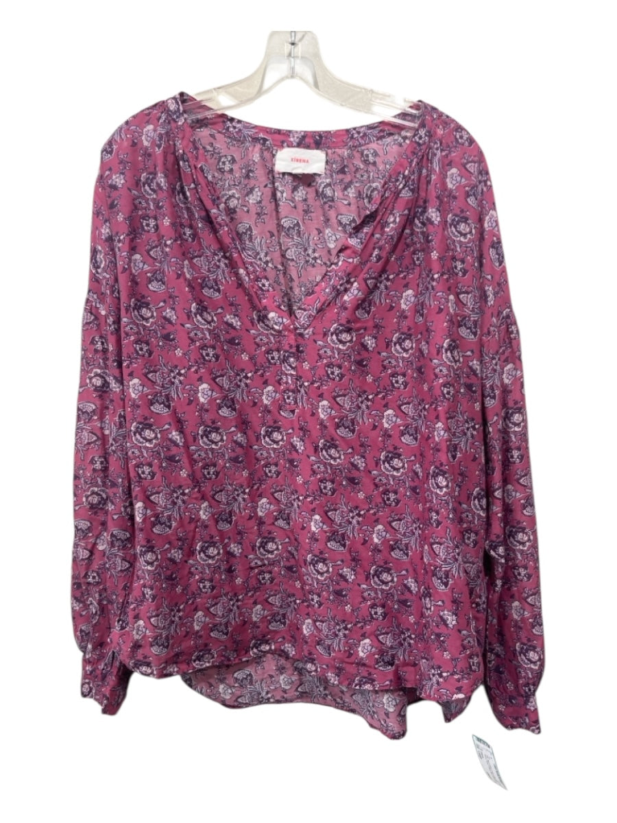 XiRENA Size Large Pink, Blue & White Cotton & Silk Long Sleeve Floral V Neck Top