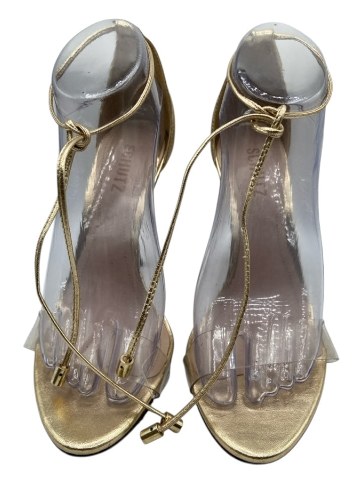 Schutz Shoe Size 8 Gold Leather Pointed Rounded Toe Clear Straps Sandals