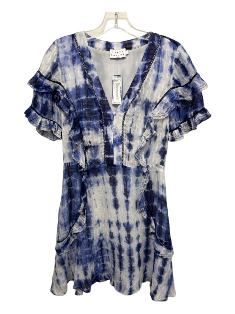 Tanya Taylor Size 4 Blue & White Silk Tie Dye Ruffle Sleeve Detail V Neck Dress