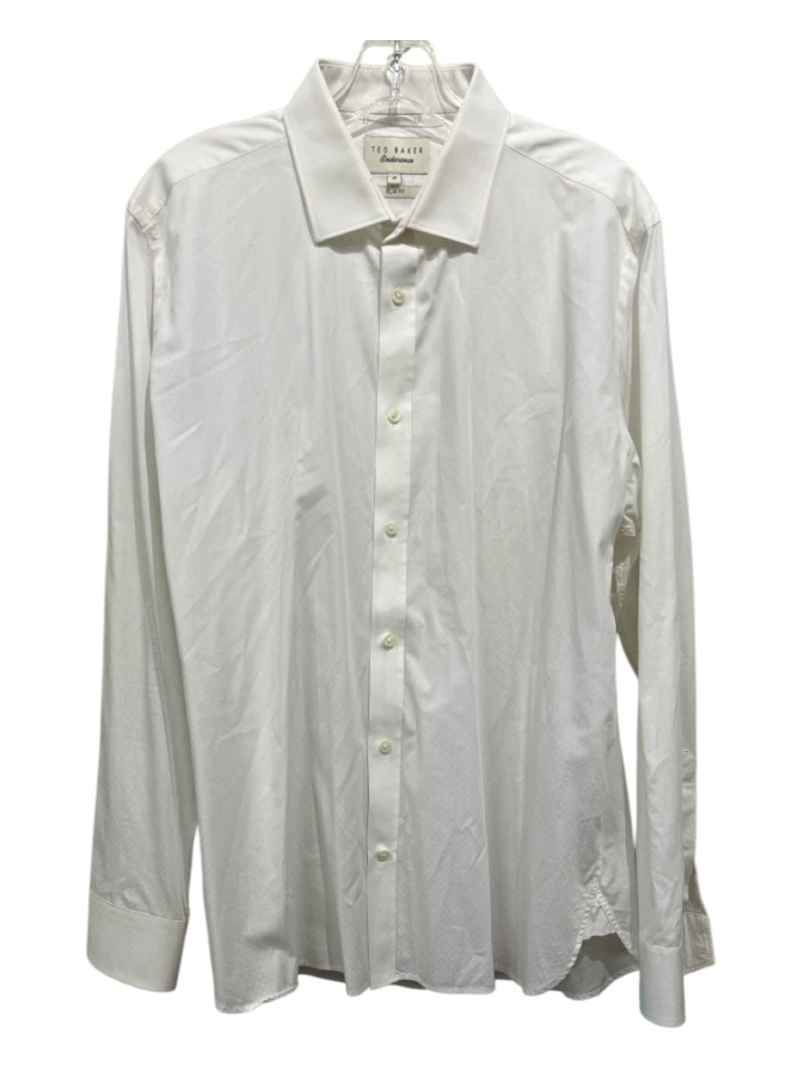 Ted Baker Size 17 White Cotton Blend Abstract Button up Men's Long Sleeve Shirt