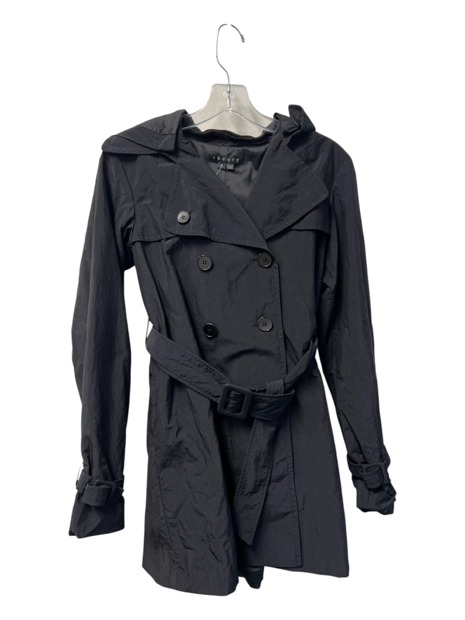 Theory Size S Black Missing Fabric Removable hood Trench Hip Length Jacket