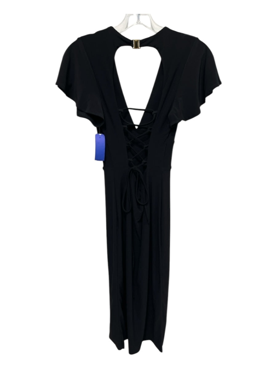 AYM Size Medium Black Polyester & Elastane Jersey Short Sleeve V Neck Dress
