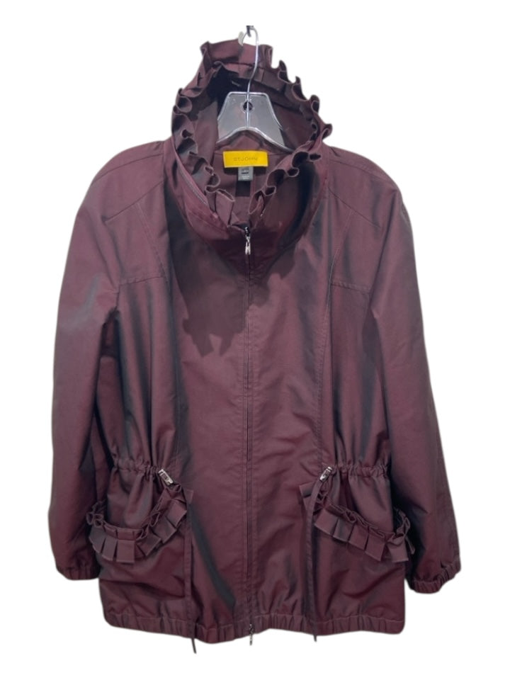 St John Size Large Dark Red Polyester Zip Front Ruffles Pockets hood Jacket