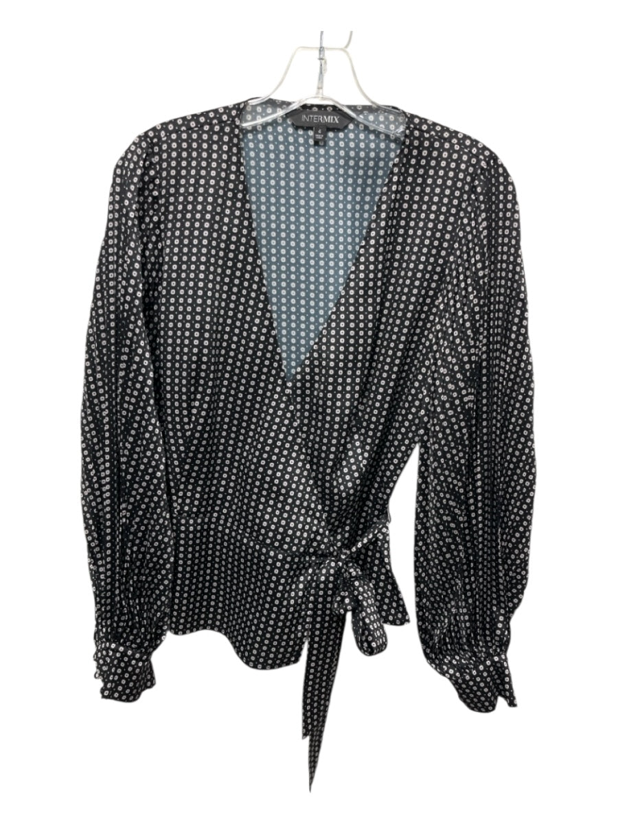 Intermix Size 4 Black & White Polyester All Over Print Wrap Pleated Sleeves Top