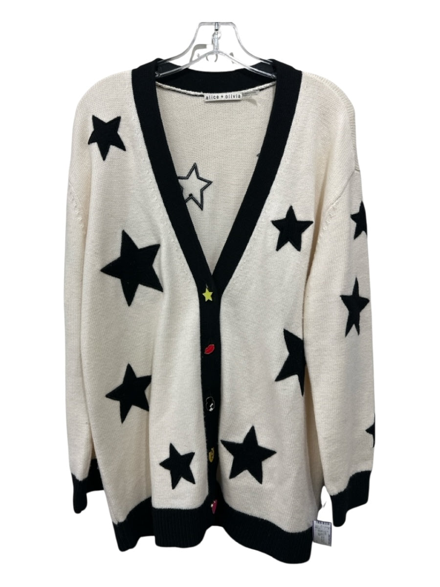 Alice + Olivia Size L Ivory & Black Wool Button Up stars Button Detail Cardigan
