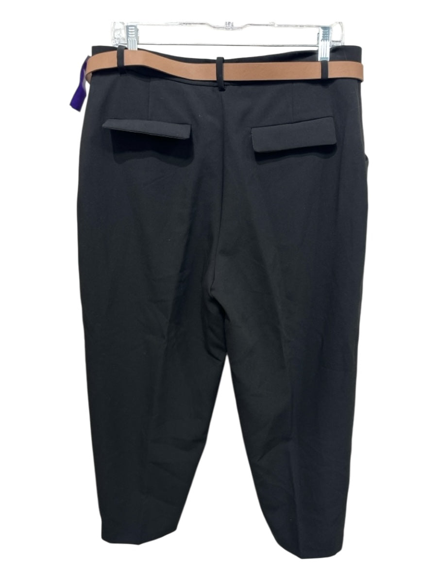 Zara Size L Black Brown Polyester Blend pleat front Belted Straight Leg Pants