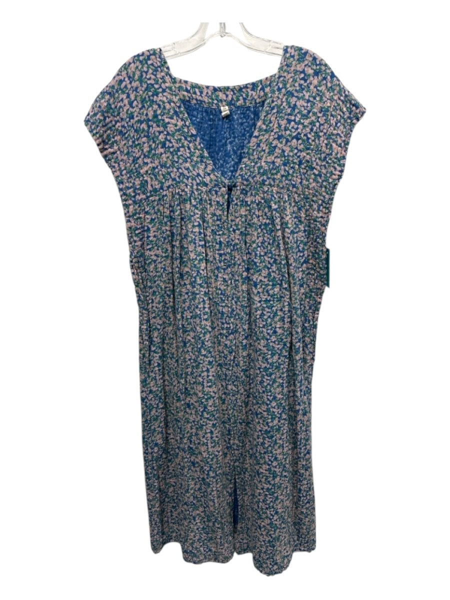 Mirth Size XS Blue, Pink, Green Cotton Gauze Abstract Button Front Midi Dress