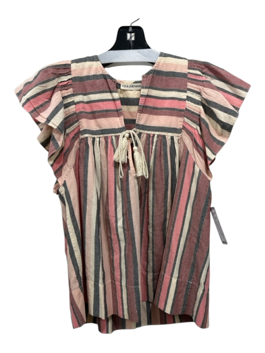 Ulla Johnson Size 8 Beige, Pink, Multi Cotton Striped Cap Sleeve Top