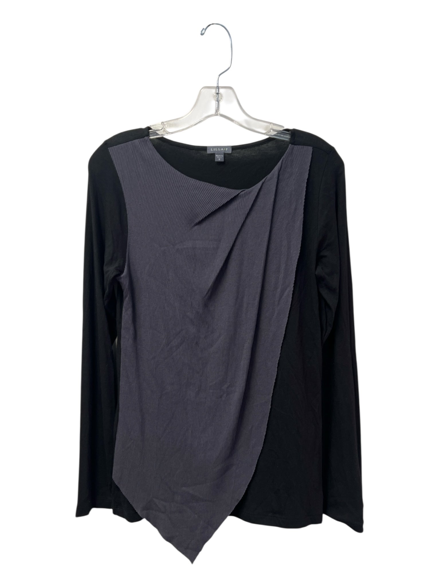 Lilla P Size S Black & Grey Cotton Blend Long Sleeve Wrap Detail Color Block Top