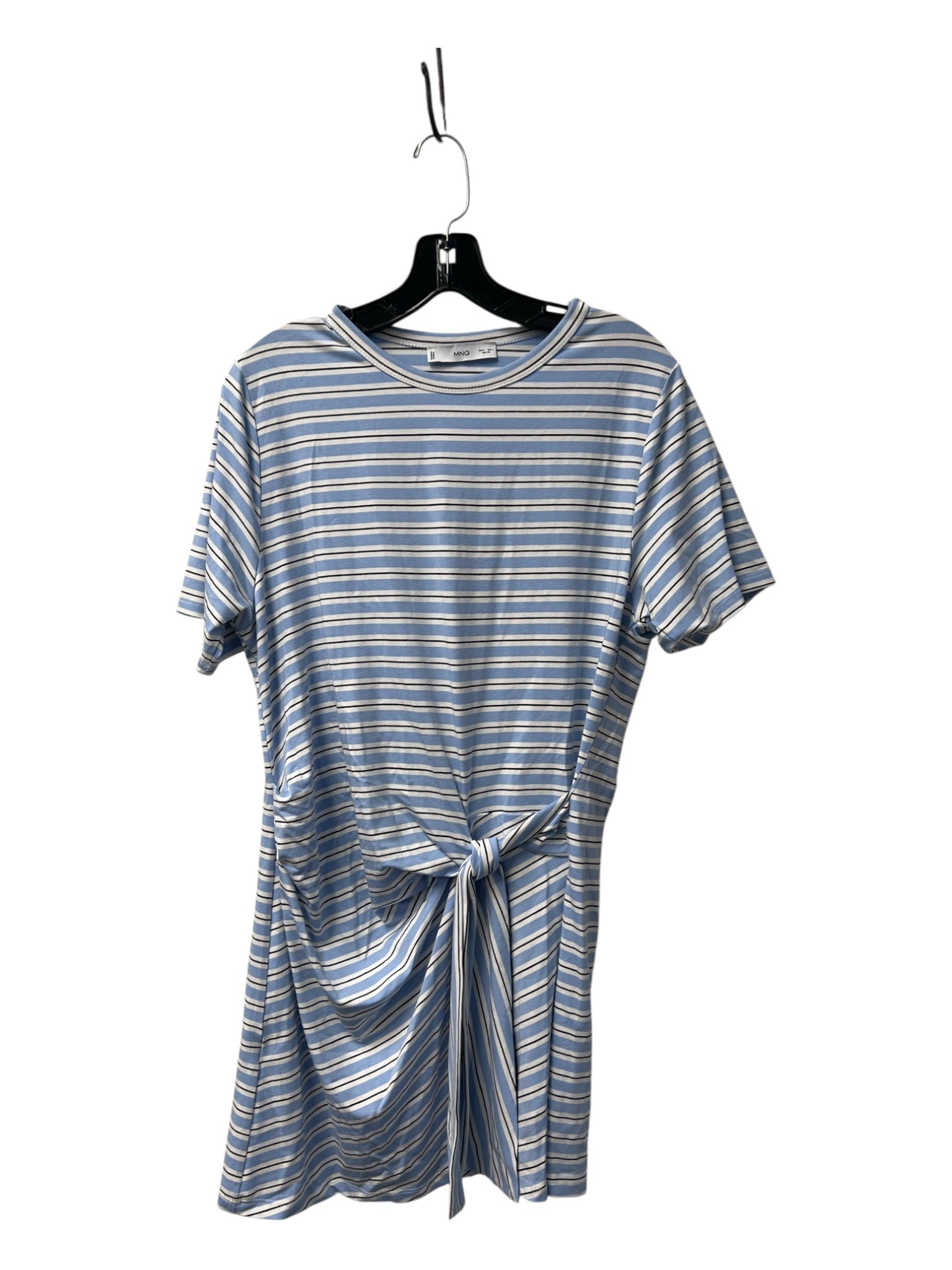 MNG Blue & White Viscose Striped Collar Tie Detail Short Sleeve Dress