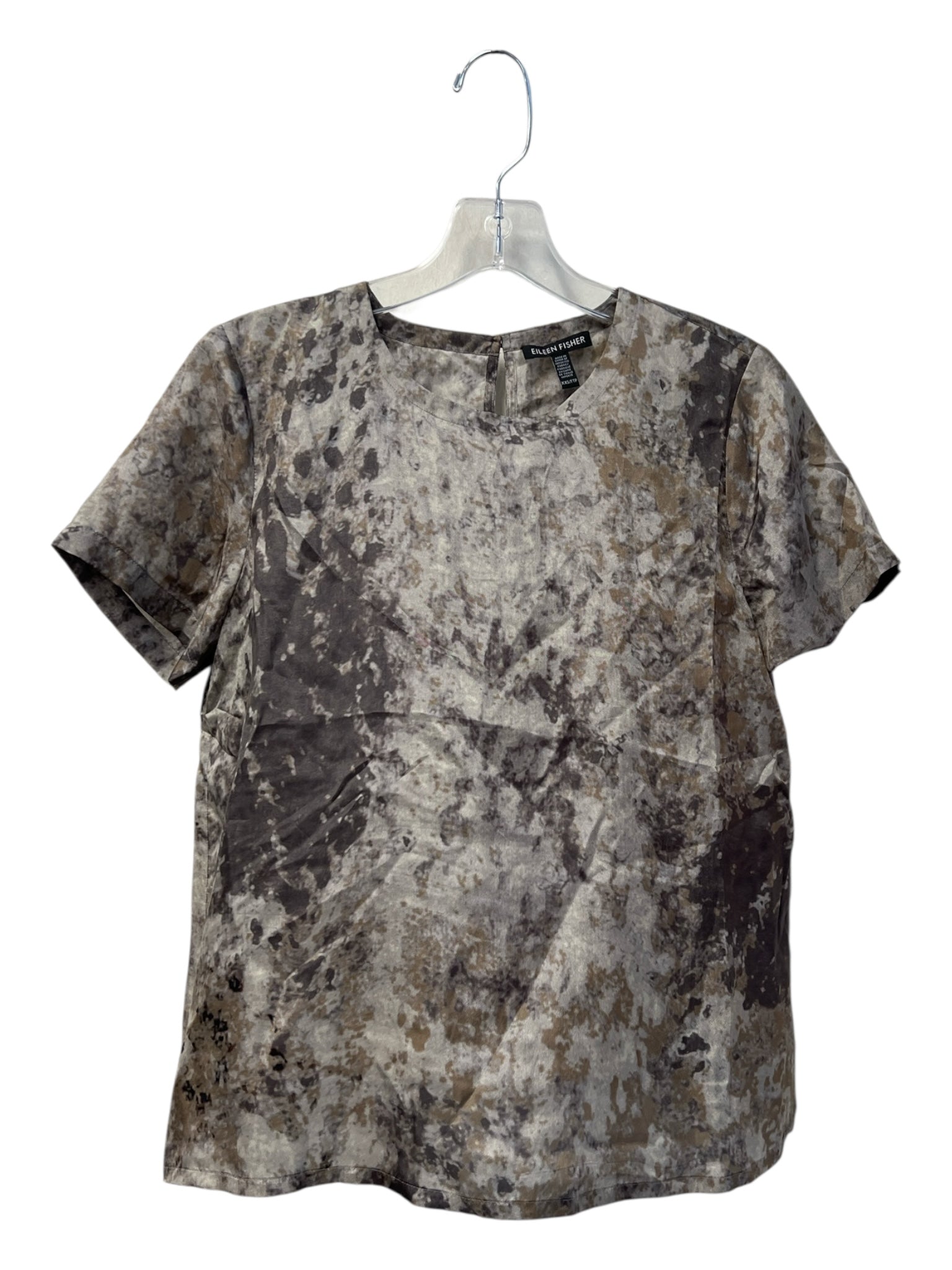 Eileen Fisher Size XXS Gray Scale Silk Short Sleeve Round Neck Keyhole Back Top