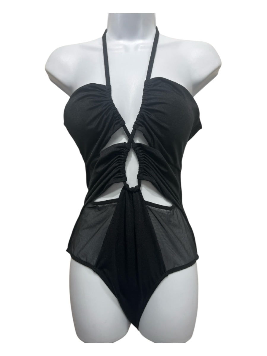 Bequeve Size M Black Polyester Blend Open Front One Piece Swimsuit